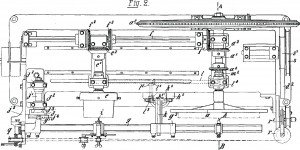 Figure 2 - An aerial illustration of Janvier’s (1902) lathe for die making. The arm (g) on the bottom of this figure can be seen with a cutting tool (i) over the hub (e) on the left side, and a tracing tool (h) on the right side over the galvano (a).