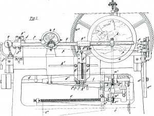 Figure 1 - Janvier’s (1902) patent drawing of his reduction lathe in profile for die making. The hub (e) is on the left side, the larger galvano (a) is seen on the right side. As the reduction lathe rotates, a cutting tool on the hub mimics the design traced from the galvano.
