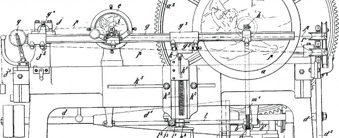 Figure 1 - Janvier’s (1902) patent drawing of his reduction lathe in profile. The hub (e) is on the left side, the larger galvano (a) is seen on the right side. As the reduction lathe rotates, a cutting tool on the hub mimics the design traced from the galvano.