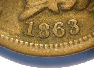 Obverse of 1863 CUD-036 - Indian Head Penny - Photo by David Poliquin
