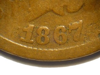 Obverse of 1867 CUD-004 Indian Head Cent - Courtesy of David Poliquin