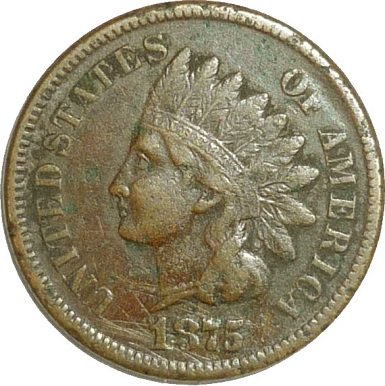 Obverse of 1875 CUD-005 - Indian Head Penny - Photo by David Poliquin